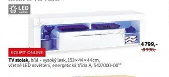 TV stolek, bílá - vysoký lesk, 153x44x44 cm, včetně LED osvětlení, energetická třída A, 5427000-00