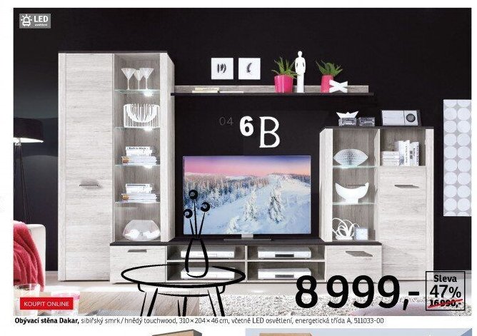 Obývací stěna Dakar, sibiřský smrk / hnědý touchwood, 310x204x46 cm, včetně LED osvětlení, energetická třída A, 511033-00