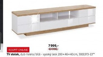 TV stolek, dub riviera/bílá - vysoký lesk 200x46x40 cm