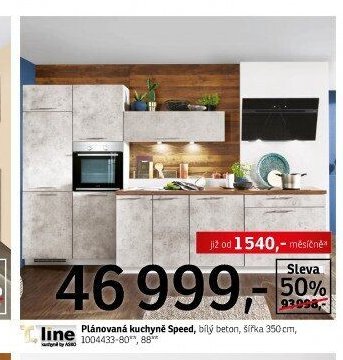 Plánovaná kuchyně Speed, bílý beton, šířka 350 cm
