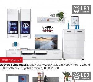 Obývací stěna Alaska, bílá/bílá-vysoký lesk, 285x190x40 cm, včetně LED osvětlení