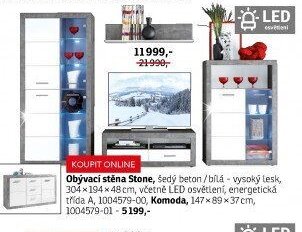 Obývací stěna Stone, šedý beton/bílá-vysoký lesk, 304x194x48 cm, včetně LED osvětlení