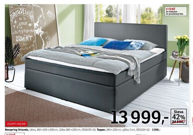 Boxspring Orlando, látka, 180x105x208 cm, lůžko 180x200 cm, 0531435-00, Topper, 180x200 cm, výška 3 cm, 0531314-02