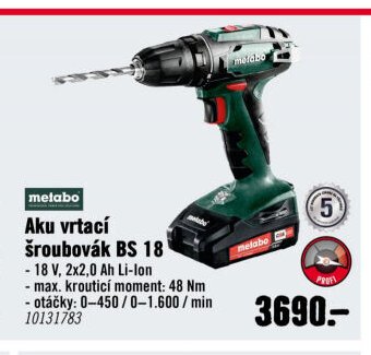 Metabo Aku vrtací šroubovák BS 18