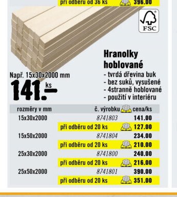 Hranolky hoblované tvrdá dřevina buk