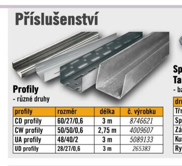 Profily - různé druhy