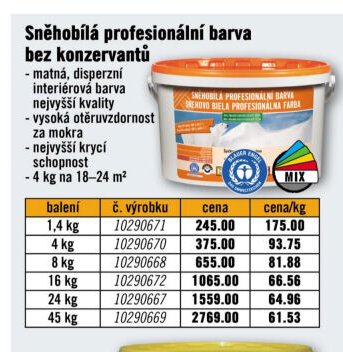 Sněhobílá profesionální barva bez konzervantů