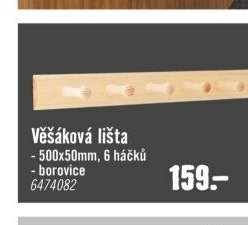 Věšáková lišta - 500x50mm, 6 háčků - borovice