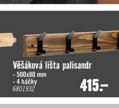 Věšáková lišta palisandr - 500x80 mm - 4 háčky