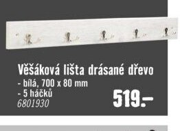Věšáková lišta drásané dřevo - bílá, 700 x 80 mm - 5 háčků
