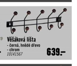 Věšáková lišta - černá, hnědé dřevo - chrom