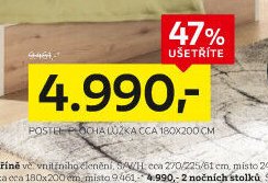 Postel, plocha lůžka cca 180x200 cm