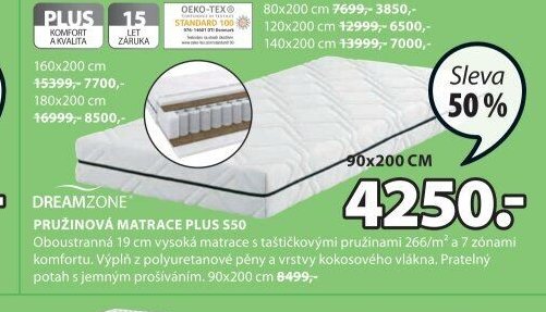 DREAMZONE PRUŽINOVÁ MATRACE PLUS S50