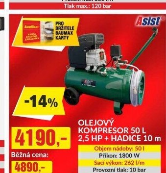 OLEJOVÝ KOMPRESOR 50 L 2,5 HP + HADICE 10 m