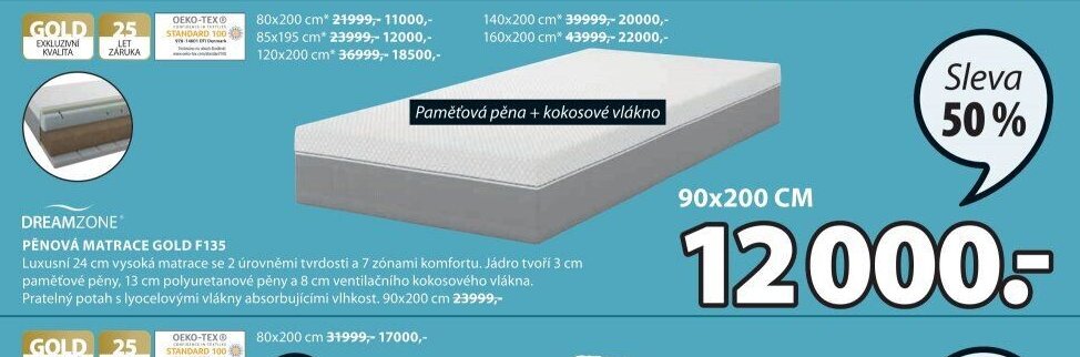 DREAMZONE PĚNOVÁ MATRACE GOLD F135
