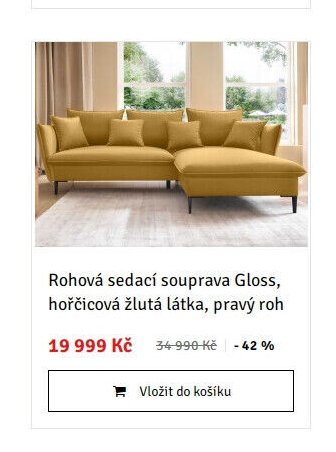 Rohová sedací souprava Gloss, hořčicová žlutá látka, pravý roh