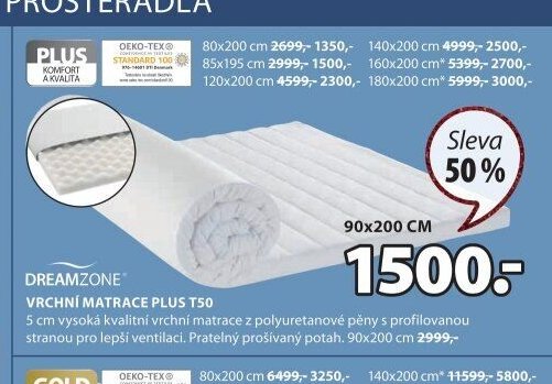DREAMZONE VRCHNÍ MATRACE PLUS T50