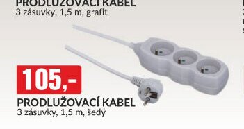 PRODLUŽOVACÍ KABEL 3 zásuvky, 1,5 m, šedý