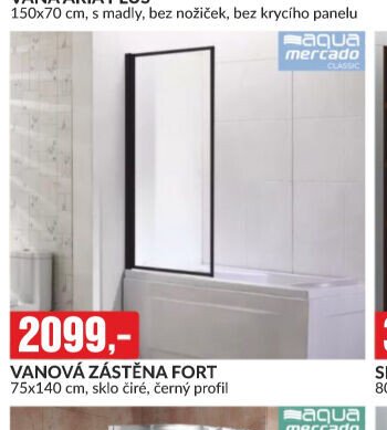 VANOVÁ ZÁSTĚNA FORT 75x140 cm, sklo čiré, černý profil