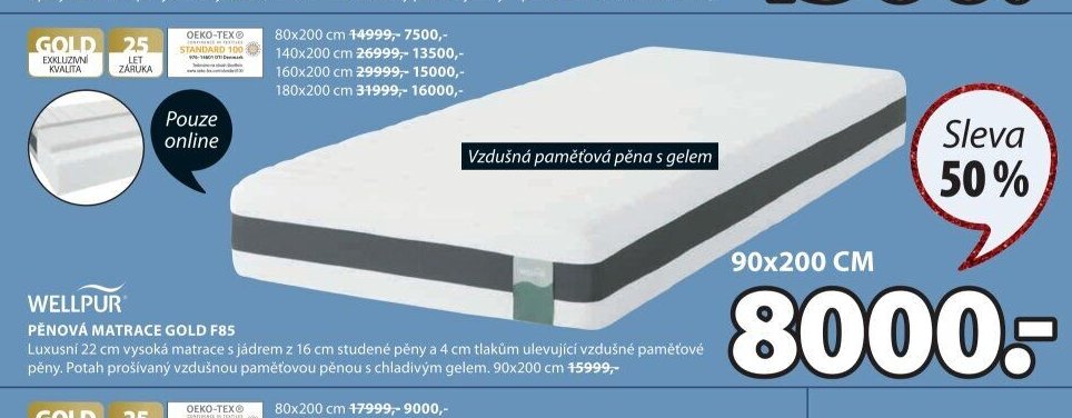 WELLPUR PĚNOVÁ MATRACE GOLD F85