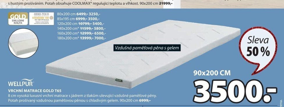 WELLPUR VRCHNÍ MATRACE GOLD T65