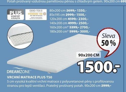 DREAMZONE VRCHNÍ MATRACE PLUS T50