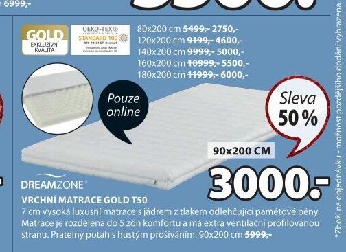 DREAMZONE VRCHNÍ MATRACE GOLD T50