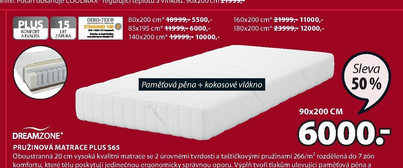 DREAMZONE PRUŽINOVÁ MATRACE PLUS S65