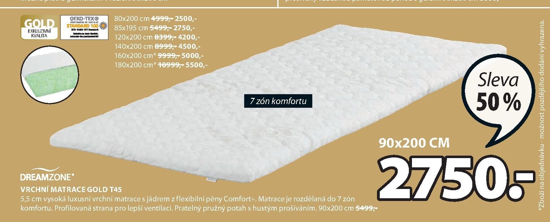 DREAMZONE VRCHNÍ MATRACE GOLD T45