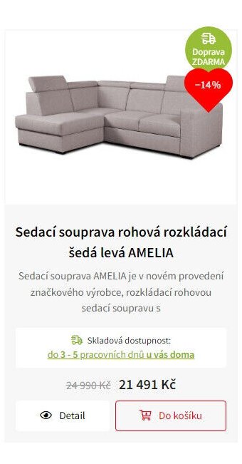 Sedací souprava rohová rozkládací šedá levá AMELIA