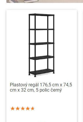 Plastový regál 176,5 cm x 74,5 cm x 32 cm, 5 polic černý