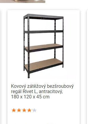 Kovový zátěžový bezšroubový regál Rivet L, antracitový, 180 x 120 x 45 cm
