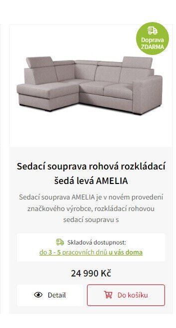 Sedací souprava rohová rozkládací šedá levá AMELIA