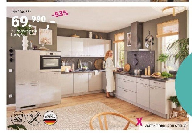 PLÁNOVATELNÁ KUCHYŇ, dekor šedá vysoký lesk, úchyty vzhled černý kov, bez spotřebičů a dřezu, rozměr 355/365 cm