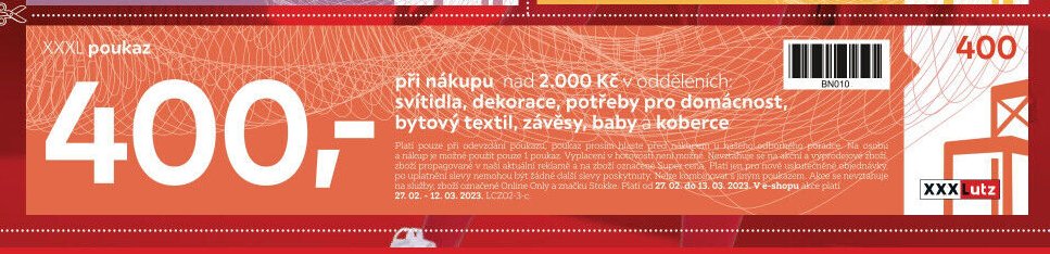 XXXL poukaz 400,- při nákupu nad 2.000 Kč v odděleních: svítidla, dekorace, potřeby pro domácnost, bytový textil, závěsy, baby a koberce