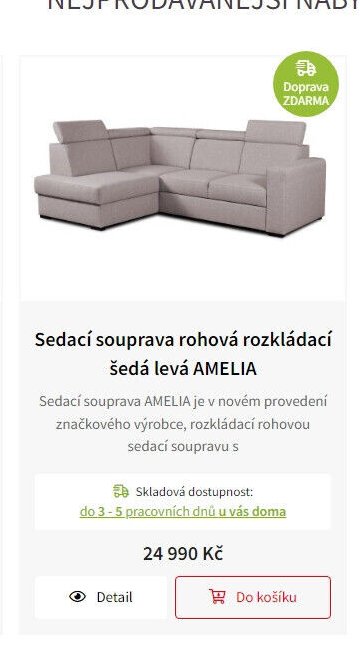 Sedací souprava rohová rozkládací šedá levá AMELIA