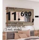 Postel, cca 180/200 cm, vč. 2 noč. stolků