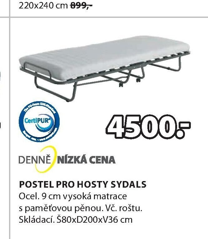 POSTEL PRO HOSTY SYDALS Ocel. 9 cm vysoká matrace s paměťovou pěnou. Vč. roštu. Skládací. Š80xD200xV36 cm