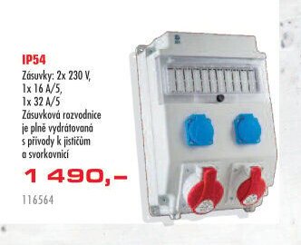 IP54 Zásuvky: 2x 230 V, 1x 16 A/5, 1x 32 A/5