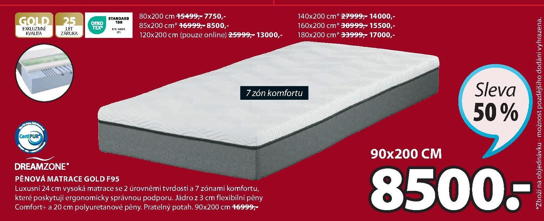 DREAMZONE PĚNOVÁ MATRACE GOLD F95