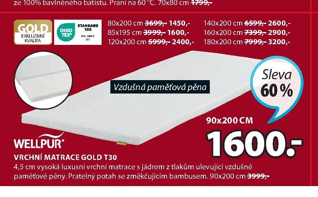 VRCHNÍ MATRACE GOLD T30 80x200 cm