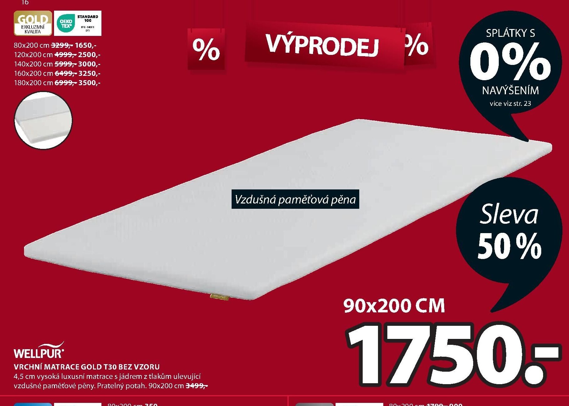 VRCHNÍ MATRACE GOLD T30 BEZ VZORU