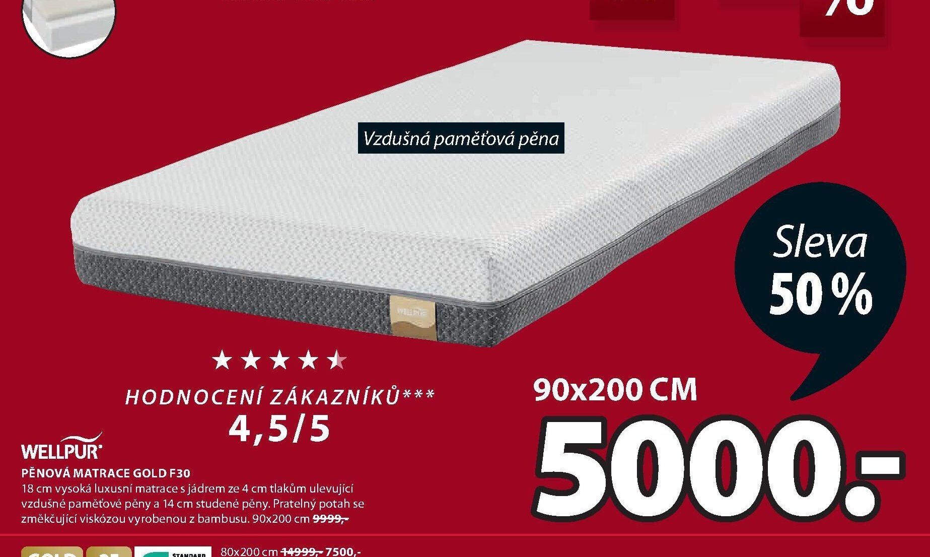 WELLPUR PĚNOVÁ MATRACE GOLD F30
