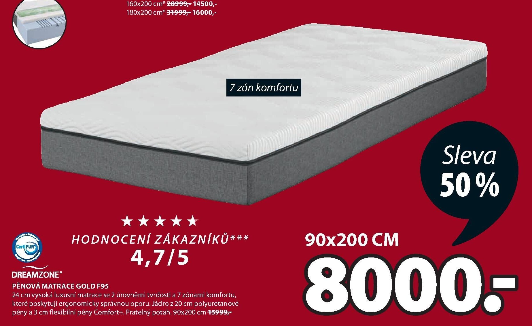 DREAMZONE PĚNOVÁ MATRACE GOLD F95
