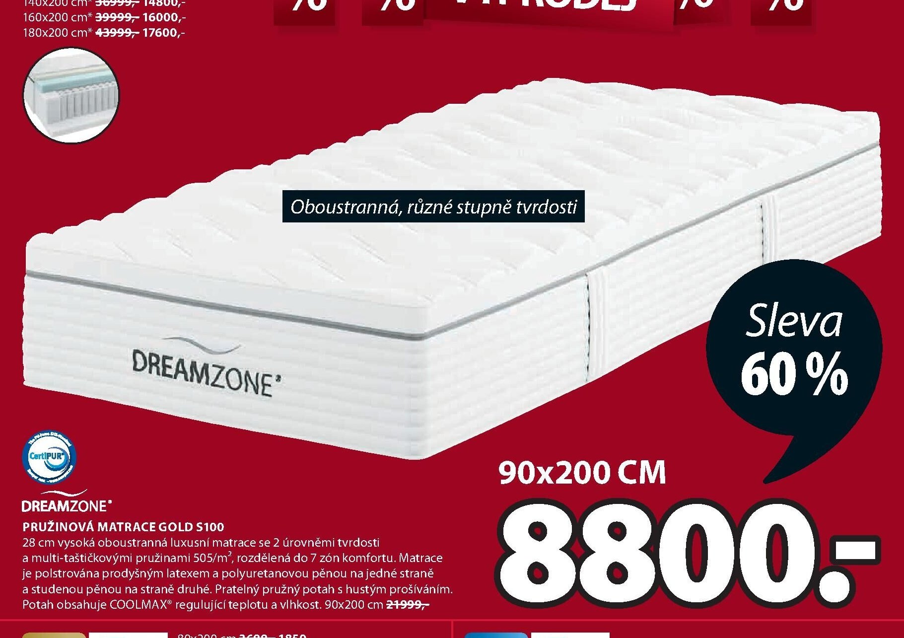DREAMZONE Pružinová matrace GOLD S100