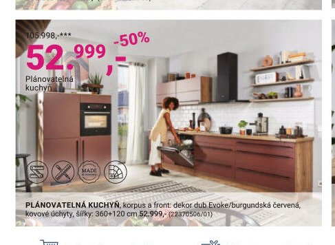 PLÁNOVATELNÁ KUCHYŇ, korpus a front: dekor dub Evoke/burgundská červená