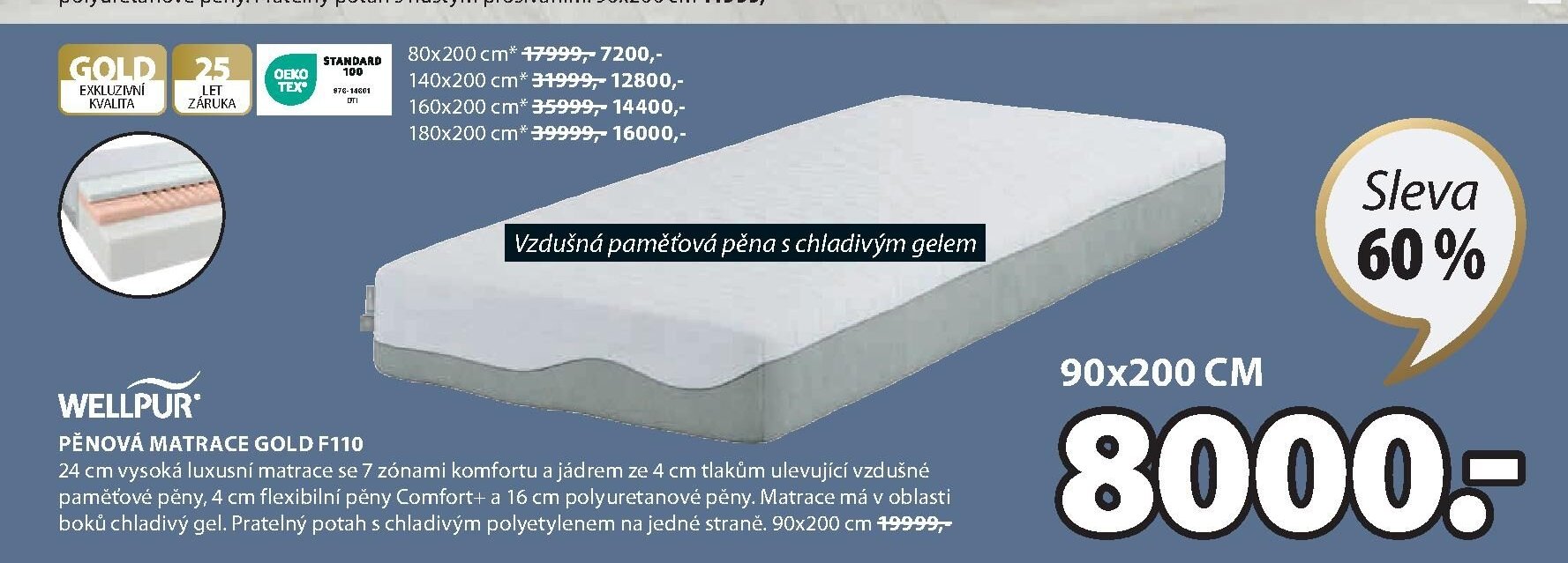 WELLPUR PĚNOVÁ MATRACE GOLD F110