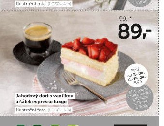 Jahodový dort s vanilkou a šálek espresso lungo