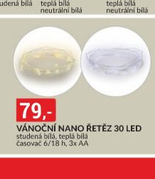 VÁNOČNÍ NANO ŘETĚZ 30 LED studená bílá, teplá bílá časovač 6/18 h, 3x AA