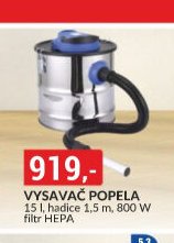VYSAVAČ POPELA 15 l, hadice 1,5 m, 800 W filtr HEPA